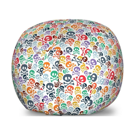 Skull Storage Toy Bag Chair, Halloween Themed Colorful Skulls and Crossbones Funny Cartoon Style Pattern Print, Stuffed Animal Organizer Washable Bag, Large Size, Multicolor, by Ambesonne
