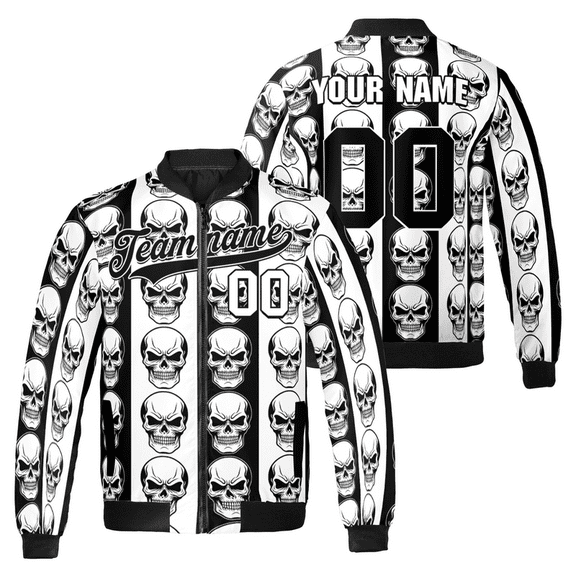 Skull Stripe Bomber Jacket – Custom Name & Number – Gothic Punk Rock Halloween Jacket for Men & Women