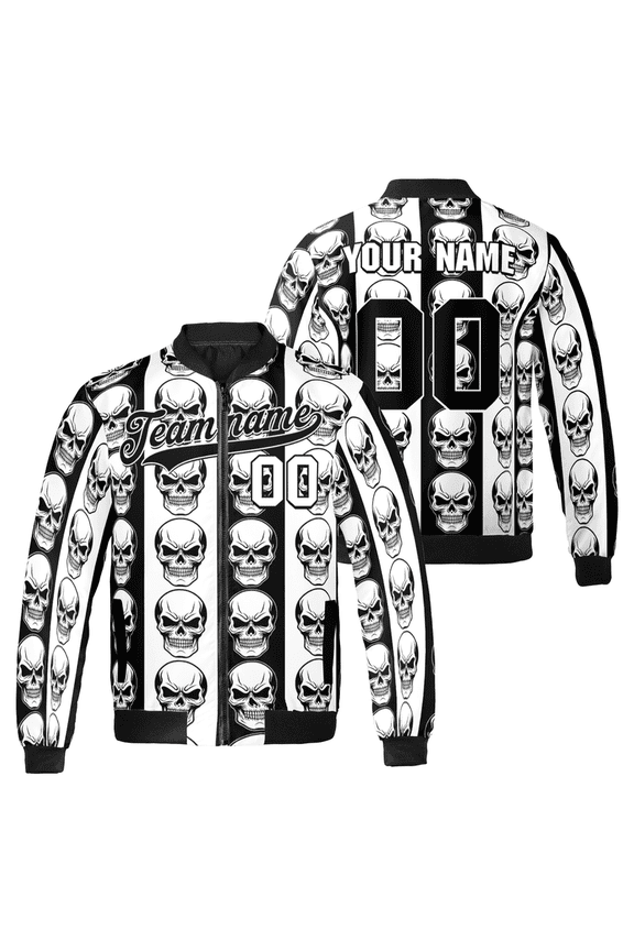 Skull Stripe Bomber Jacket – Custom Name & Number – Gothic Punk Rock Halloween Jacket for Men & Women