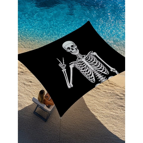 Skull Sun Shade Sail 6.5' x 10', Abstract Funny Black Skeleton Boho Hippie Gesture Black Background Rectangle Outdoor Sunshade Canopy, Waterproof UV Block Patio Covers for Garden Yard Beach