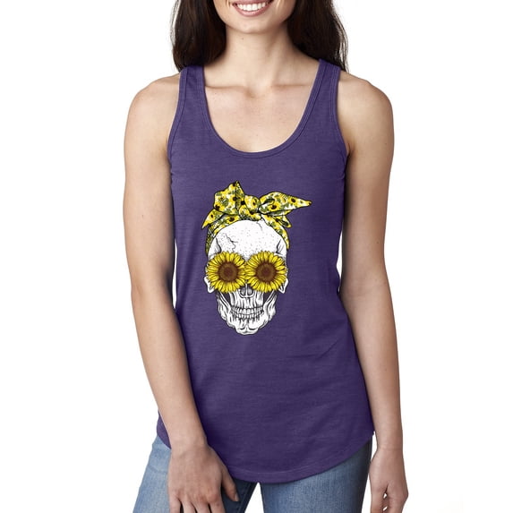 Skull Sunflower Skeleton Bandana Inspirational/Christian Ladies Racerback Tank Top, Purple Rush, Medium