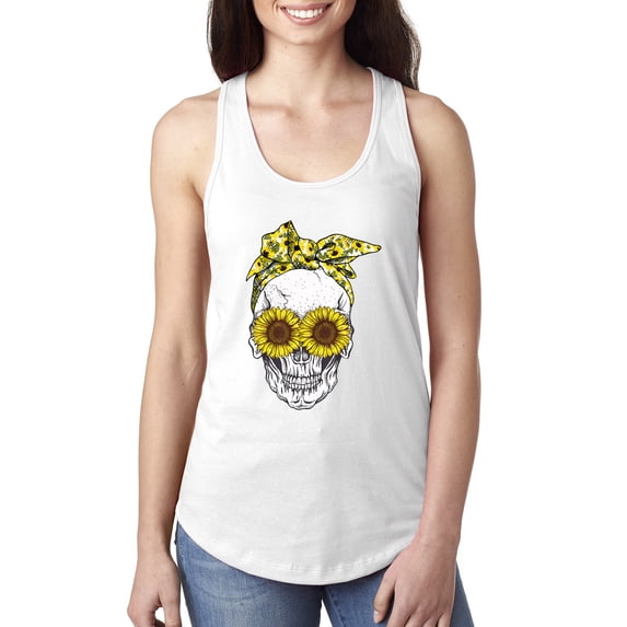 Skull Sunflower Skeleton Bandana Inspirational/Christian Ladies Racerback Tank Top, White, X-Large