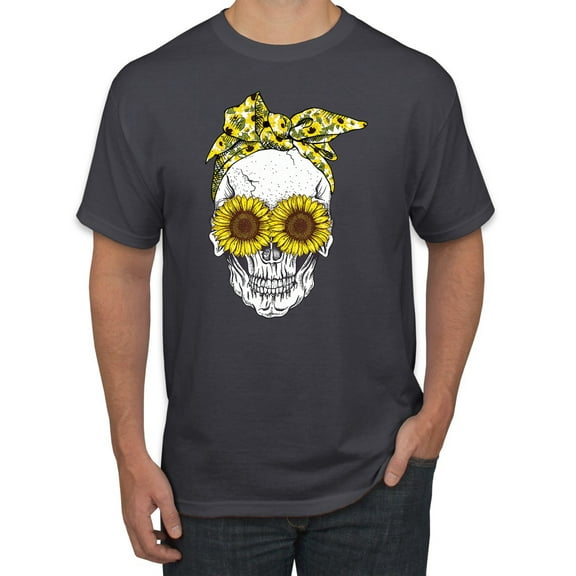Skull Sunflower Skeleton Bandana Inspirational/Christian Men's Graphic T-Shirt, Charcoal, Large