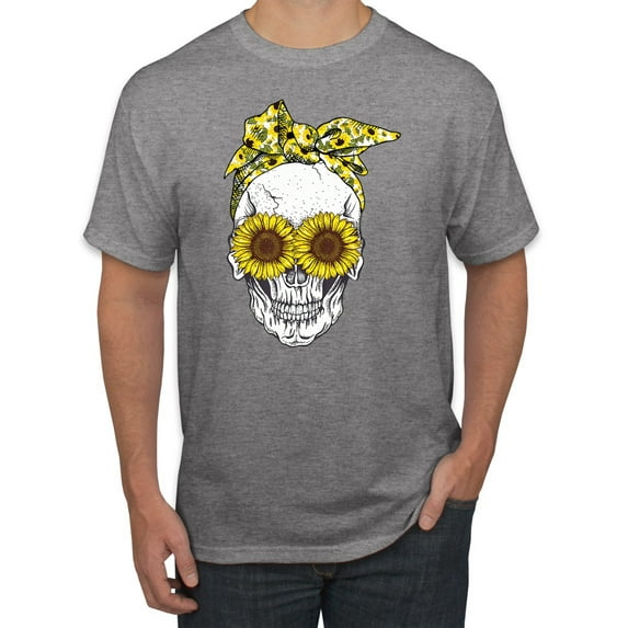 Skull Sunflower Skeleton Bandana Inspirational/Christian Men's Graphic T-Shirt, Heather Grey, Large