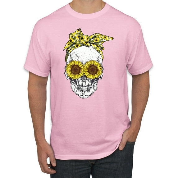 Skull Sunflower Skeleton Bandana Inspirational/Christian Men's Graphic T-Shirt, Light Pink, Large