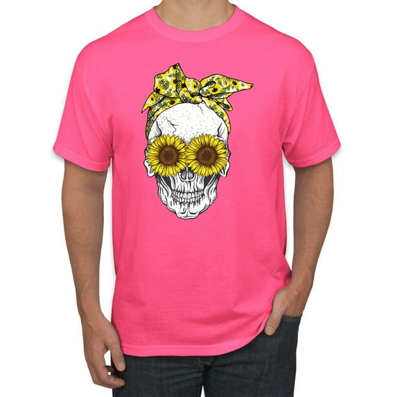 Skull Sunflower Skeleton Bandana Inspirational/Christian Men's Graphic T-Shirt, Neon Pink, Medium