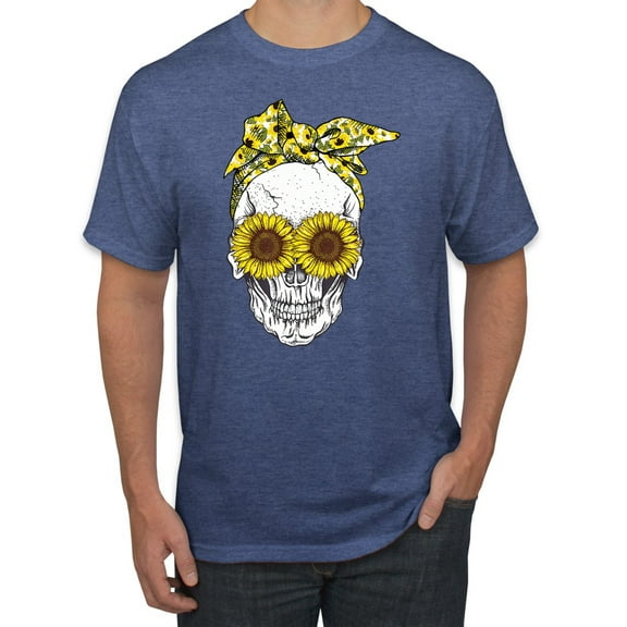Skull Sunflower Skeleton Bandana Inspirational/Christian Men's Graphic T-Shirt, Vintage Heather Blue, Large