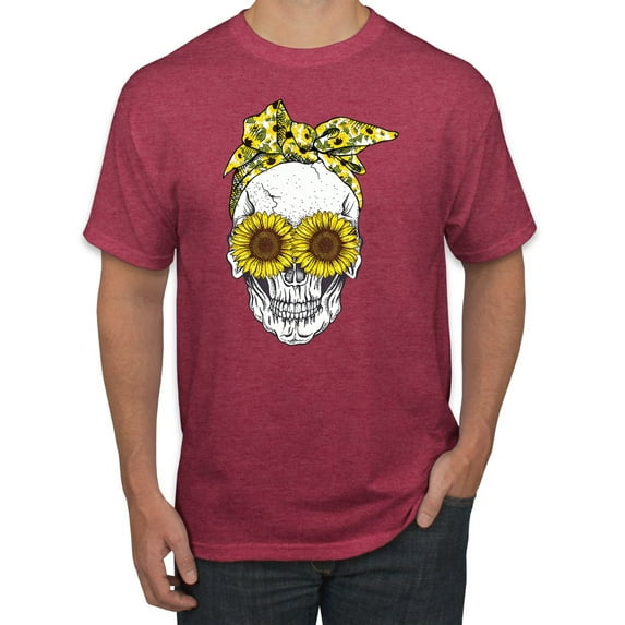 Skull Sunflower Skeleton Bandana Inspirational/Christian Men's Graphic T-Shirt, Vintage Heather Red, 2XL