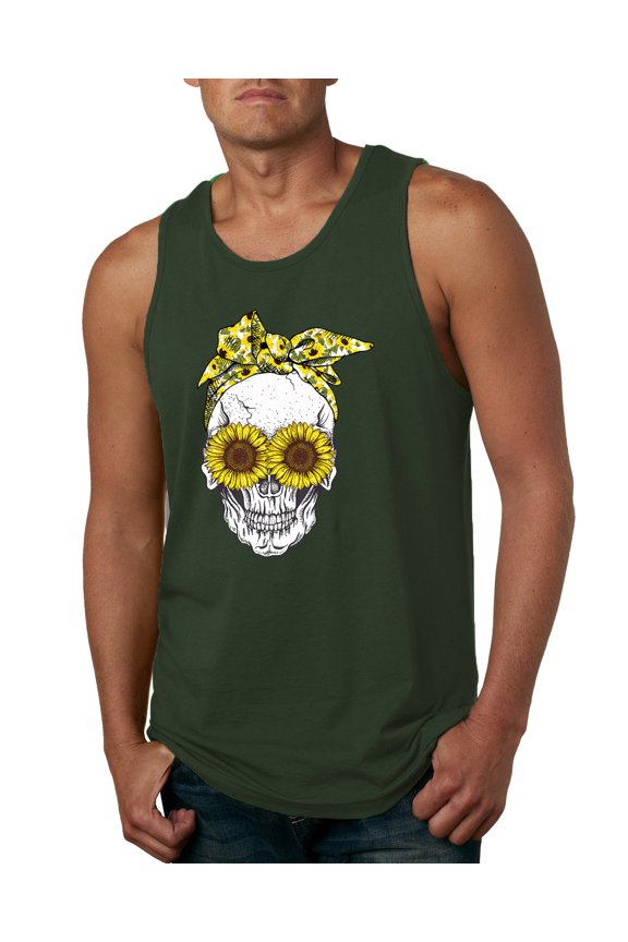 Skull Sunflower Skeleton Bandana Inspirational/Christian Mens Graphic Tank Top, Forest Green, X-Large