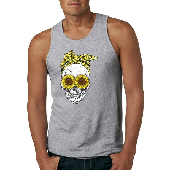 Skull Sunflower Skeleton Bandana Inspirational/Christian Mens Graphic Tank Top, Heather Grey, Medium