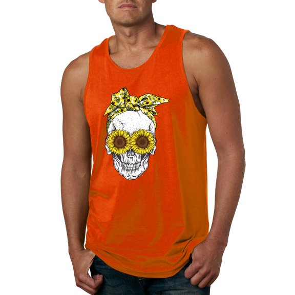 Skull Sunflower Skeleton Bandana Inspirational/Christian Mens Graphic Tank Top, Orange, Small