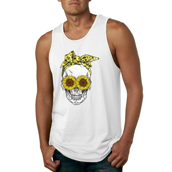 Skull Sunflower Skeleton Bandana Inspirational/Christian Mens Graphic Tank Top, White, X-Large