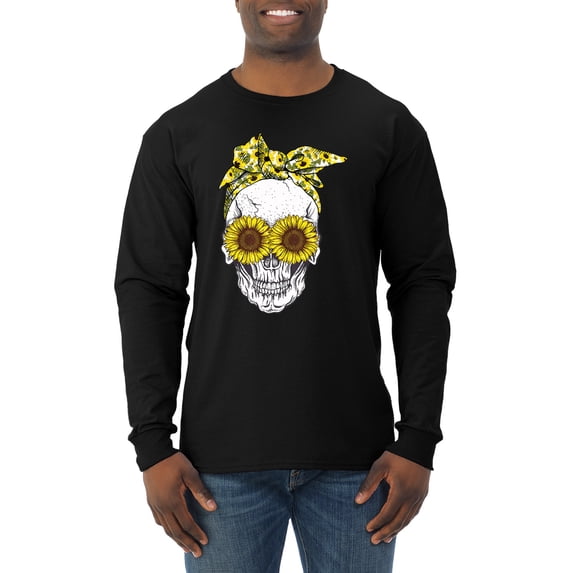 Skull Sunflower Skeleton Bandana Inspirational/Christian Mens Long Sleeve Shirt, Black, Large