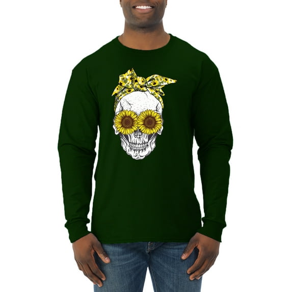 Skull Sunflower Skeleton Bandana Inspirational/Christian Mens Long Sleeve Shirt, Forest Green, Large