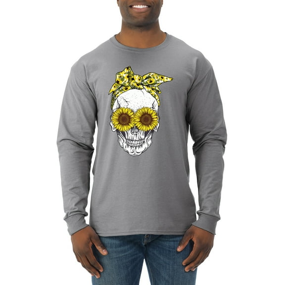 Skull Sunflower Skeleton Bandana Inspirational/Christian Mens Long Sleeve Shirt, Heather Grey, Small