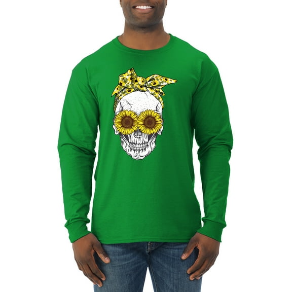 Skull Sunflower Skeleton Bandana Inspirational/Christian Mens Long Sleeve Shirt, Kelly, X-Large