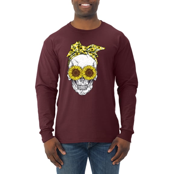Skull Sunflower Skeleton Bandana Inspirational/Christian Mens Long Sleeve Shirt, Maroon, X-Large