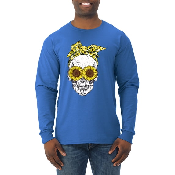 Skull Sunflower Skeleton Bandana Inspirational/Christian Mens Long Sleeve Shirt, Royal, X-Large