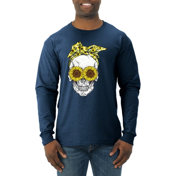 Skull Sunflower Skeleton Bandana Inspirational/Christian Mens Long Sleeve Shirt, Vintage Heather Navy, X-Large