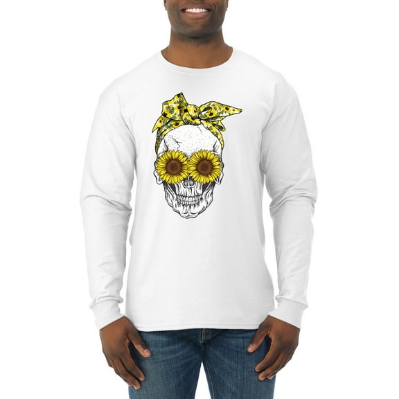 Skull Sunflower Skeleton Bandana Inspirational/Christian Mens Long Sleeve Shirt, White, X-Large