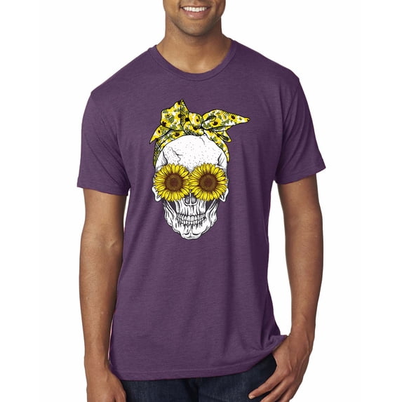 Skull Sunflower Skeleton Bandana Inspirational/Christian Mens Premium Tri Blend T-Shirt, Vintage Purple, Medium