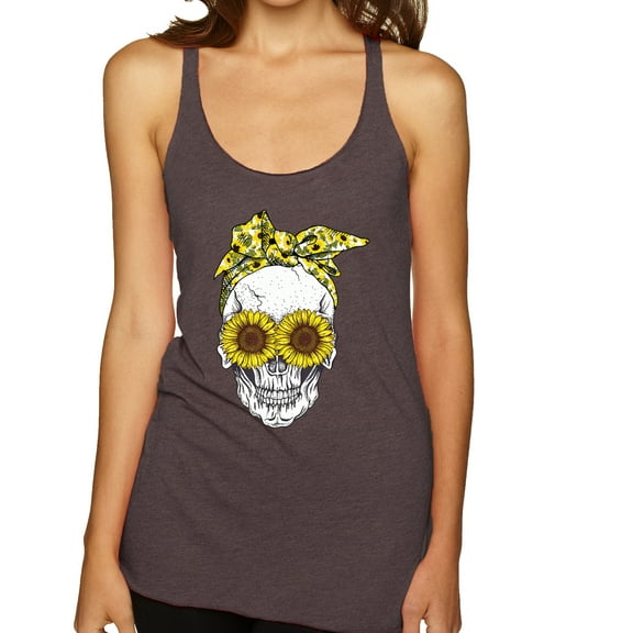 Skull Sunflower Skeleton Bandana Inspirational/Christian Tri-Blend Racerback Tank Top, Brown, X-Large