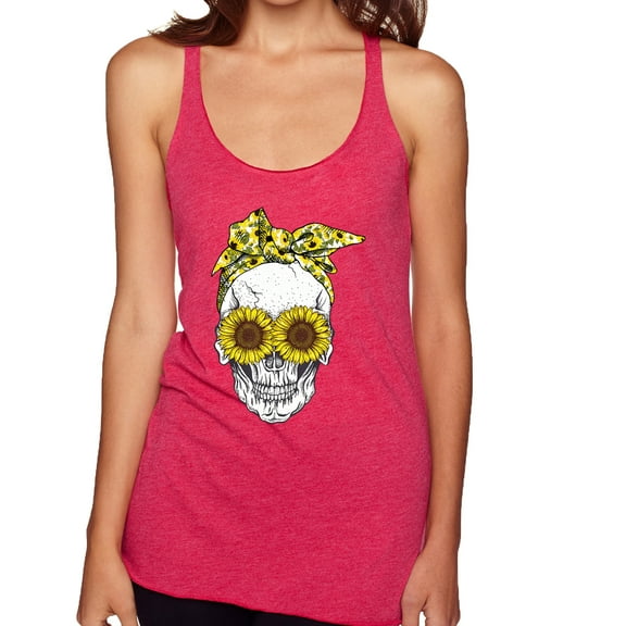 Skull Sunflower Skeleton Bandana Inspirational/Christian Tri-Blend Racerback Tank Top, Shocking Pink, Medium