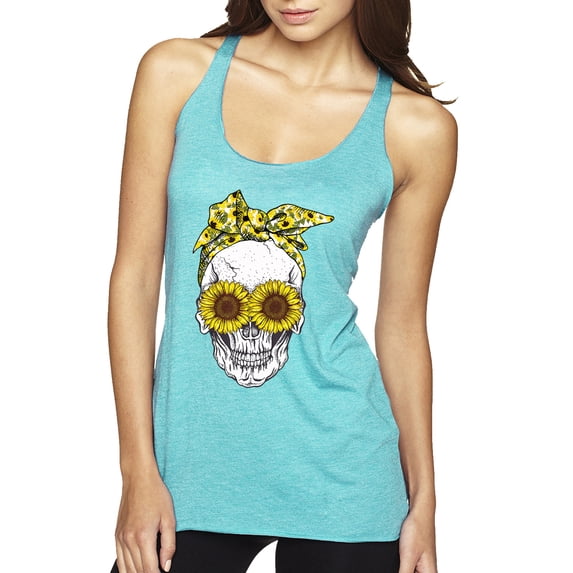 Skull Sunflower Skeleton Bandana Inspirational/Christian Tri-Blend Racerback Tank Top, Tahiti Blue, Large