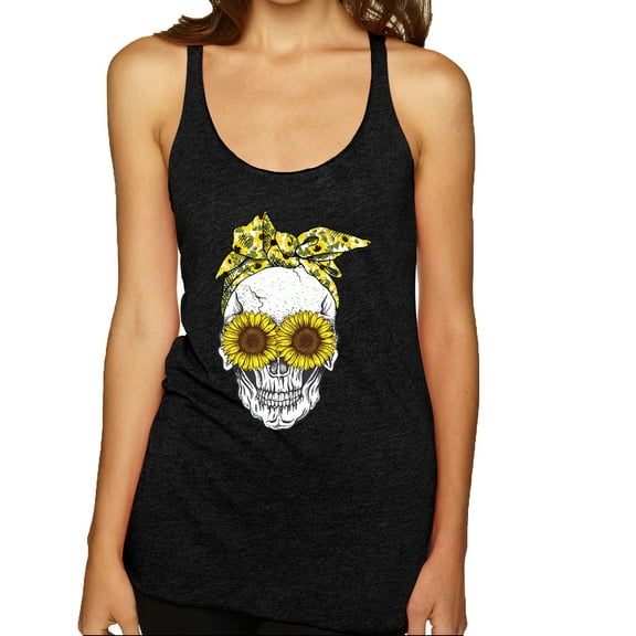 Skull Sunflower Skeleton Bandana Inspirational/Christian Tri-Blend Racerback Tank Top, Vintage Black, Medium