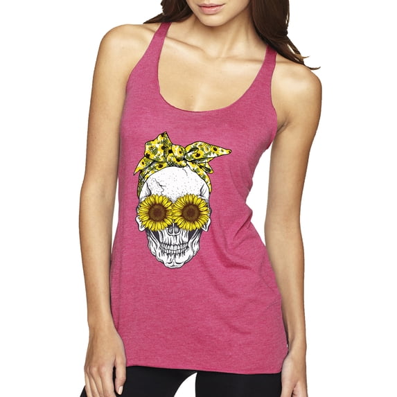 Skull Sunflower Skeleton Bandana Inspirational/Christian Tri-Blend Racerback Tank Top, Vintage Pink, Medium