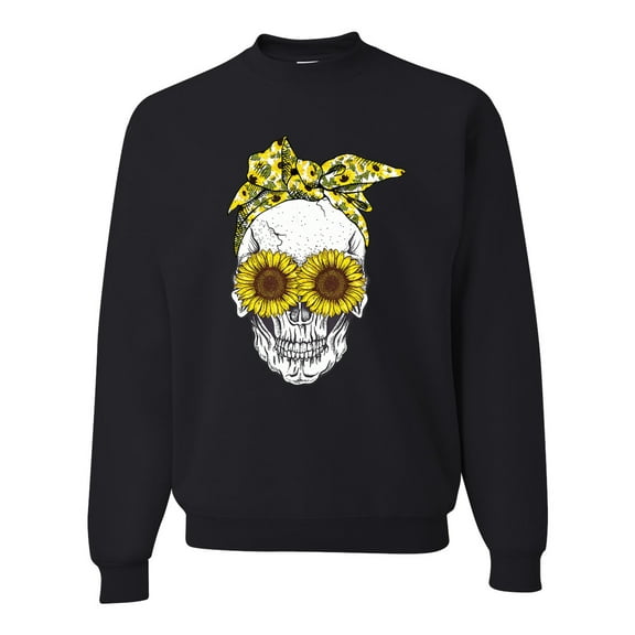 Skull Sunflower Skeleton Bandana Inspirational/Christian Unisex Crewneck Graphic Sweatshirt, Black, 3XL