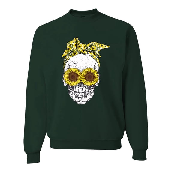 Skull Sunflower Skeleton Bandana Inspirational/Christian Unisex Crewneck Graphic Sweatshirt, Forest Green, X-Large