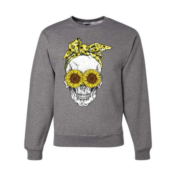 Skull Sunflower Skeleton Bandana Inspirational/Christian Unisex Crewneck Graphic Sweatshirt, Heather Grey, 2XL