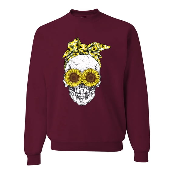 Skull Sunflower Skeleton Bandana Inspirational/Christian Unisex Crewneck Graphic Sweatshirt, Maroon, 3XL