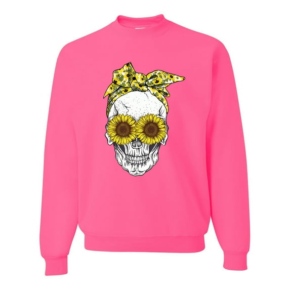 Skull Sunflower Skeleton Bandana Inspirational/Christian Unisex Crewneck Graphic Sweatshirt, Neon Pink, Medium