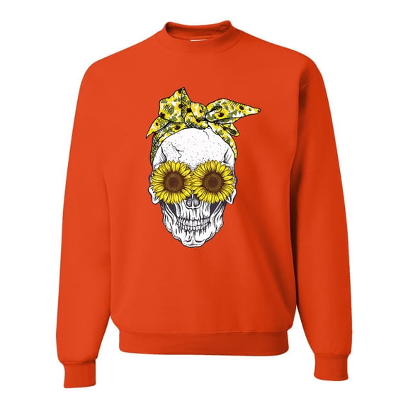 Skull Sunflower Skeleton Bandana Inspirational/Christian Unisex Crewneck Graphic Sweatshirt, Orange, Medium