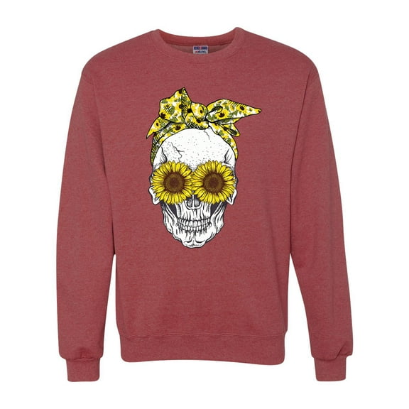 Skull Sunflower Skeleton Bandana Inspirational/Christian Unisex Crewneck Graphic Sweatshirt, Vintage Heather Red, 2XL