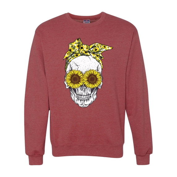 Skull Sunflower Skeleton Bandana Inspirational/Christian Unisex Crewneck Graphic Sweatshirt, Vintage Heather Red, Medium