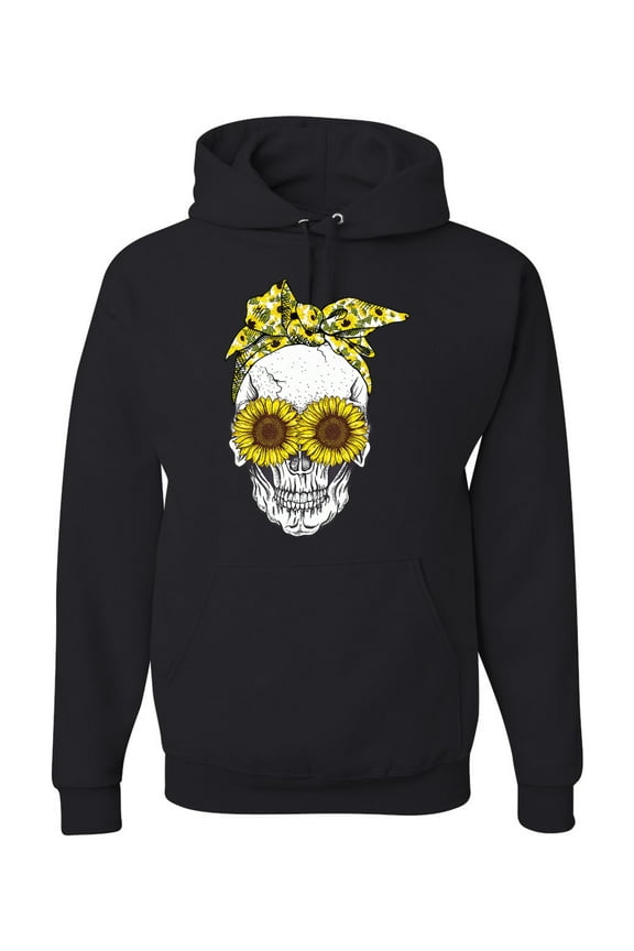 Skull Sunflower Skeleton Bandana Inspirational/Christian Unisex Graphic Hoodie Sweatshirt, Black, Small