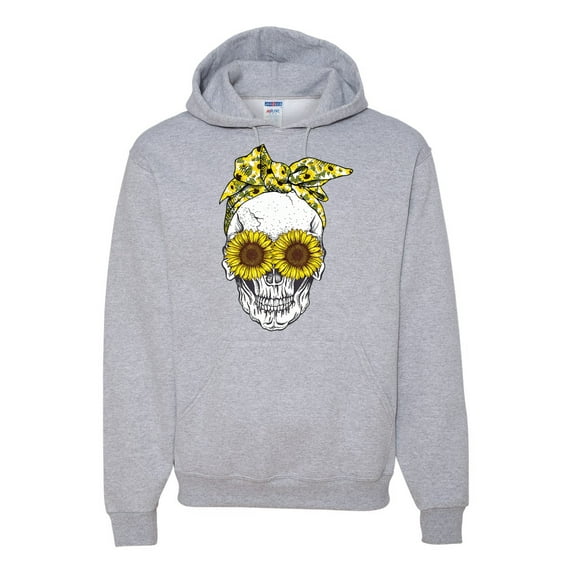 Skull Sunflower Skeleton Bandana Inspirational/Christian Unisex Graphic Hoodie Sweatshirt, Heather Grey, Large