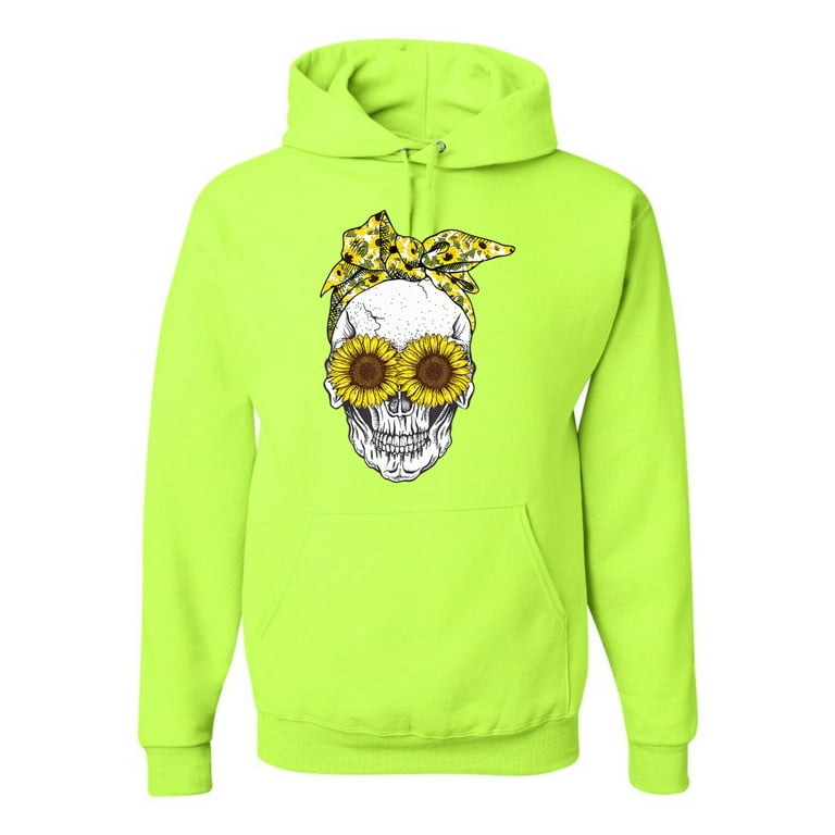 Skull Sunflower Skeleton Bandana Inspirational Christian Unisex Graphic Hoodie Sweatshirt Safety Green Medium