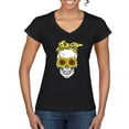 thumbnail image 1 of Skull Sunflower Skeleton Bandana Inspirational/Christian Women's Standard V-Neck Tee, Black, Small, 1 of 3