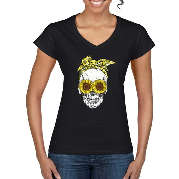 Skull Sunflower Skeleton Bandana Inspirational/Christian Women's Standard V-Neck Tee, Black, Small