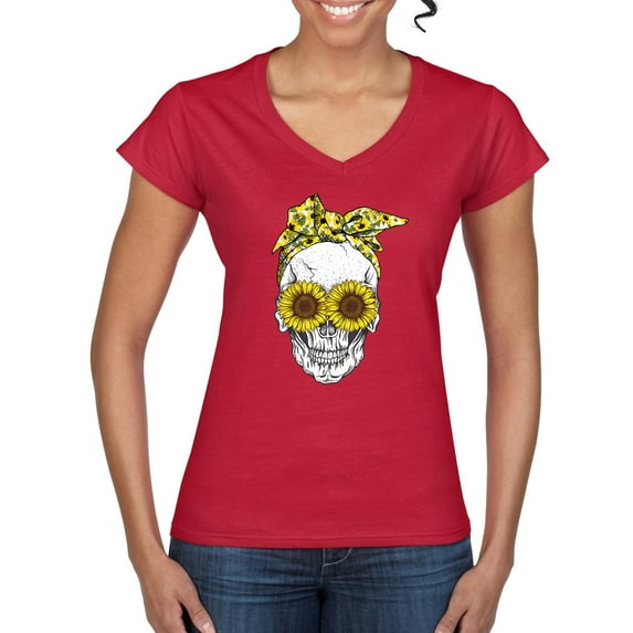 Skull Sunflower Skeleton Bandana Inspirational/Christian Women’s Standard V-Neck Tee, Red, 2XL