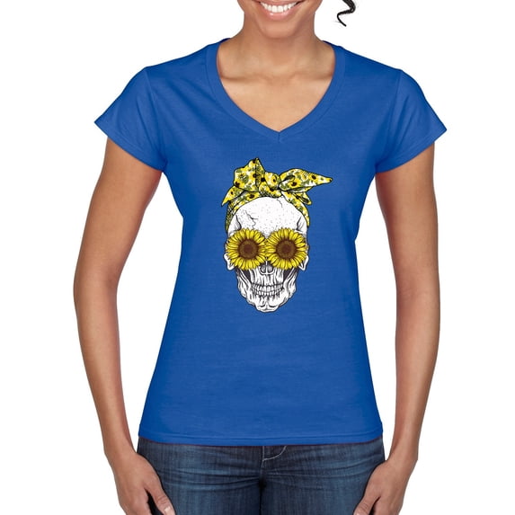 Skull Sunflower Skeleton Bandana Inspirational/Christian Women’s Standard V-Neck Tee, Royal, Small