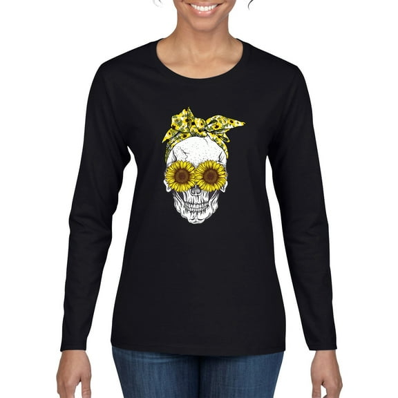 Skull Sunflower Skeleton Bandana Inspirational/Christian Womens Graphic Long Sleeve T-Shirt, Black, Small
