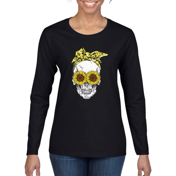 Skull Sunflower Skeleton Bandana Inspirational/Christian Womens Graphic Long Sleeve T-Shirt, Black, Small