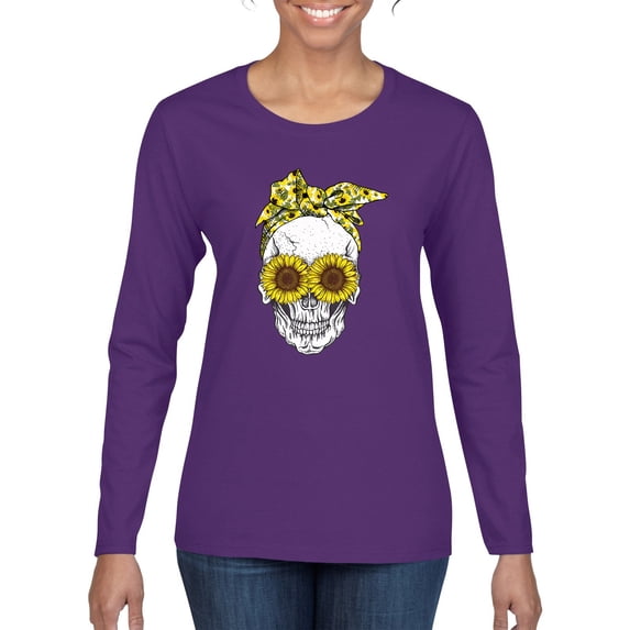 Skull Sunflower Skeleton Bandana Inspirational/Christian Womens Graphic Long Sleeve T-Shirt, Purple, X-Large