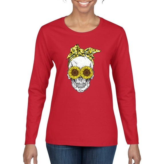Skull Sunflower Skeleton Bandana Inspirational/Christian Womens Graphic Long Sleeve T-Shirt, Red, 2XL