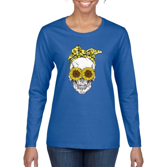 Skull Sunflower Skeleton Bandana Inspirational/Christian Womens Graphic Long Sleeve T-Shirt, Royal, X-Large